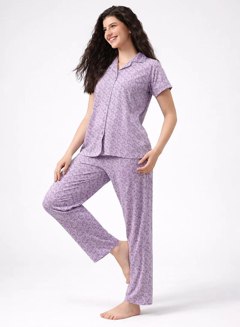كلوفيا Floral Print Button-Down Shirt & Pyjama Set in Lilac Colour - 100% Cotton
